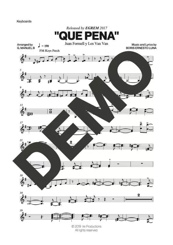 Los Van Van|Mandy Cantero – Que Pena – Sheet Music Demo Page 4 (PDF) – Includes charts for Trumpets, Trombones, Saxophone, Piano and Bass