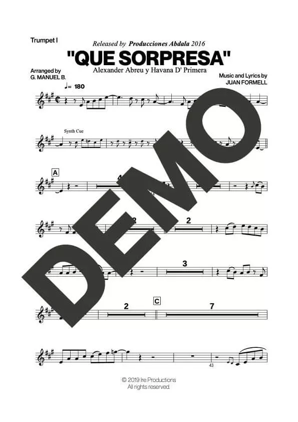 Havana D' Primera – Que Sorpresa – Sheet Music Demo Page 1 (PDF) – Includes charts for Trumpets, Trombones, Saxophone, Piano and Bass