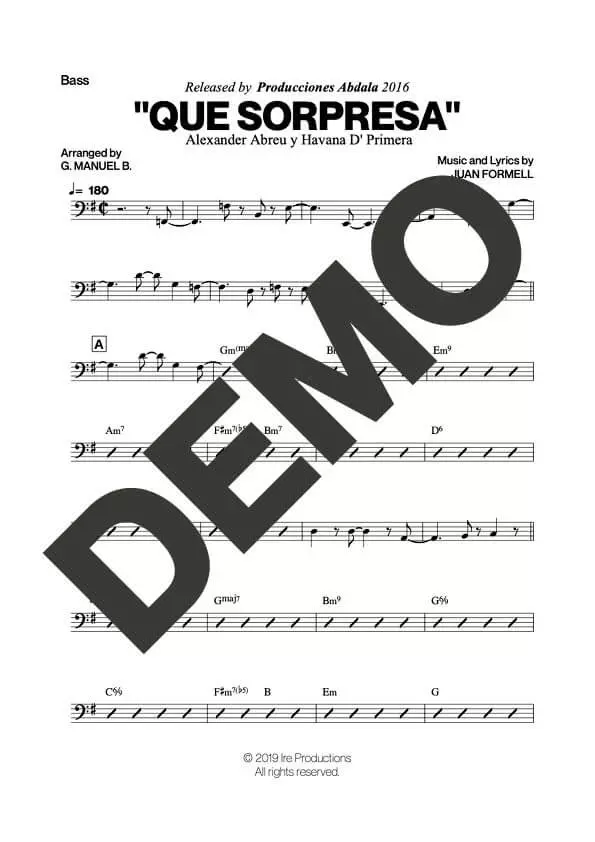Havana D' Primera – Que Sorpresa – Sheet Music Demo Page 4 (PDF) – Includes charts for Trumpets, Trombones, Saxophone, Piano and Bass