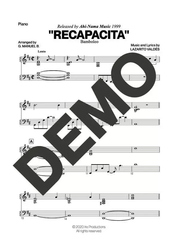 Bamboleo – Recapacita – Sheet Music Demo Page 4 (PDF) – Includes charts for Trumpets, Trombones, Saxophone, Piano and Bass