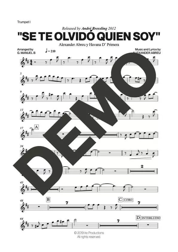 Havana D' Primera – Se Te Olvidó Quien Soy – Sheet Music Demo Page 1 (PDF) – Includes charts for Trumpets, Trombones, Saxophone, Piano and Bass