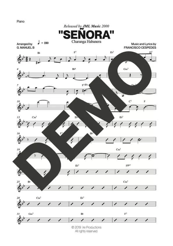 Charanga Habanera|Tirso Duarte – Señora – Sheet Music Demo Page 3 (PDF) – Includes charts for Trumpets, Trombones, Saxophone, Piano and Bass
