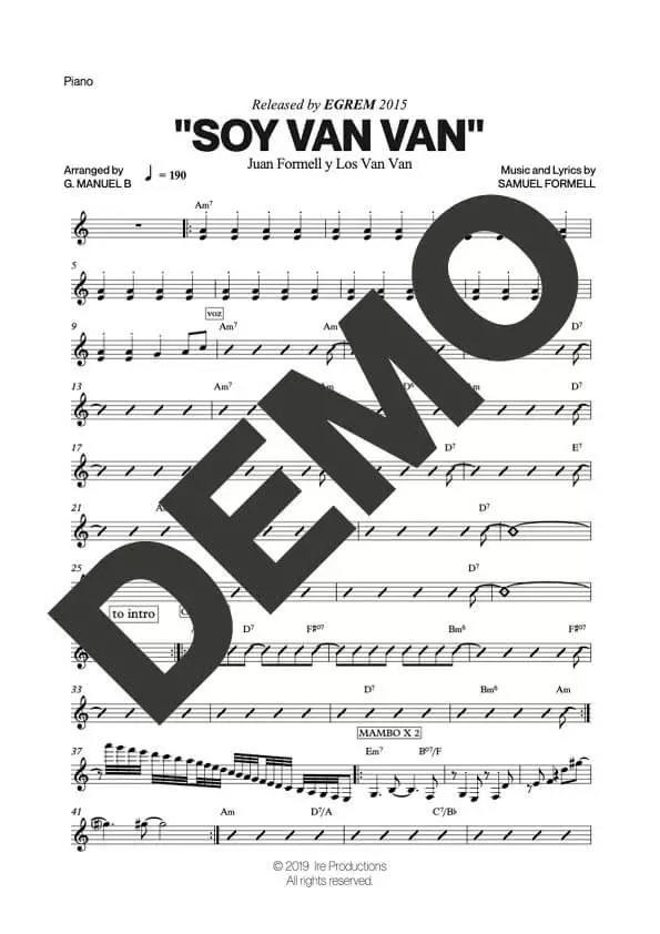 Los Van Van|Mandy Cantero – Soy Van Van – Sheet Music Demo Page 3 (PDF) – Includes charts for Trumpets, Trombones, Saxophone, Piano and Bass
