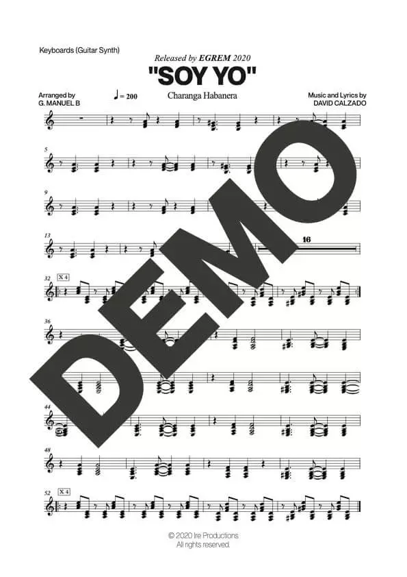 Charanga Habanera – Soy Yo – Sheet Music Demo Page 4 (PDF) – Includes charts for Trumpets, Trombones, Saxophone, Piano and Bass