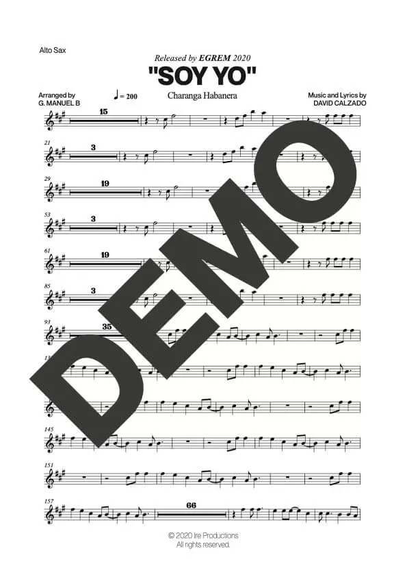 Charanga Habanera – Soy Yo – Sheet Music Demo Page 5 (PDF) – Includes charts for Trumpets, Trombones, Saxophone, Piano and Bass