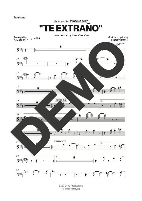 Los Van Van – Te Extraño – Sheet Music Demo Page 1 (PDF) – Includes charts for Trumpets, Trombones, Saxophone, Piano and Bass