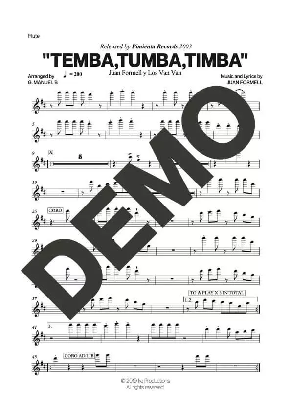 Los Van Van|Mayito Rivera – Temba, Tumba, Timba – First Page of Sheet Music Preview (PDF) – Includes charts for Trumpets, Trombones, Saxophone, Piano and Bass