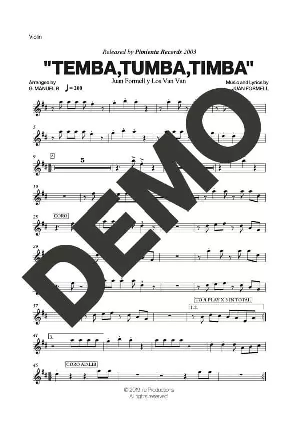 Los Van Van|Mayito Rivera – Temba, Tumba, Timba – Sheet Music Demo Page 2 (PDF) – Includes charts for Trumpets, Trombones, Saxophone, Piano and Bass