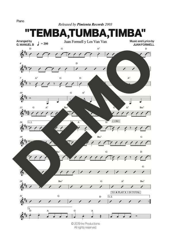 Los Van Van|Mayito Rivera – Temba, Tumba, Timba – Sheet Music Demo Page 3 (PDF) – Includes charts for Trumpets, Trombones, Saxophone, Piano and Bass