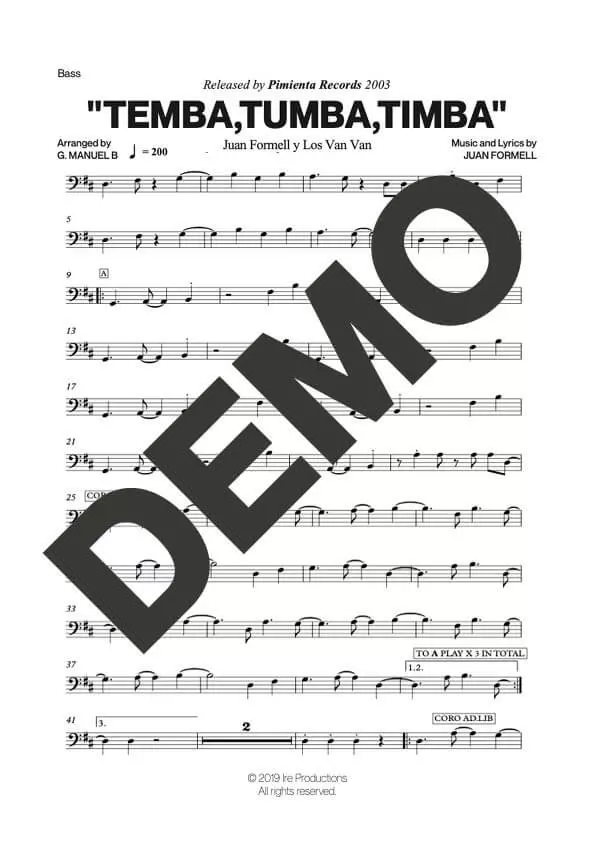 Los Van Van|Mayito Rivera – Temba, Tumba, Timba – Sheet Music Demo Page 4 (PDF) – Includes charts for Trumpets, Trombones, Saxophone, Piano and Bass