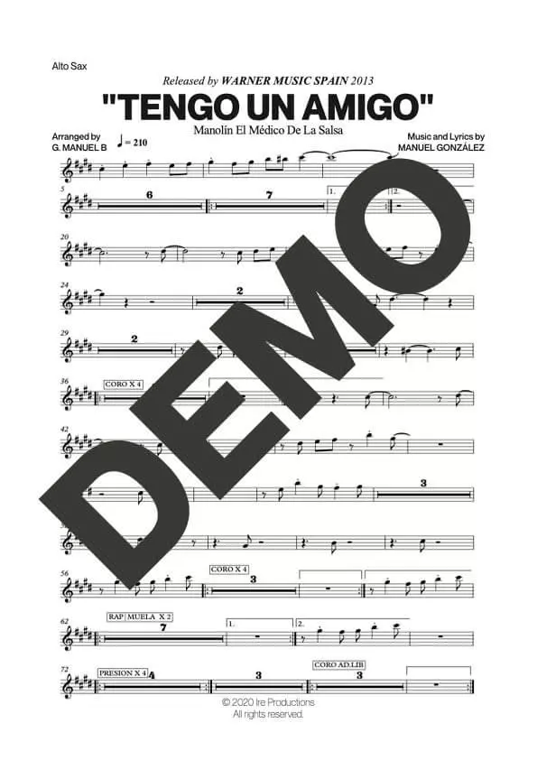 Manolín El Médico de la Salsa – Tengo un Amigo – First Page of Sheet Music Preview (PDF) – Includes charts for Trumpets, Trombones, Saxophone, Piano and Bass
