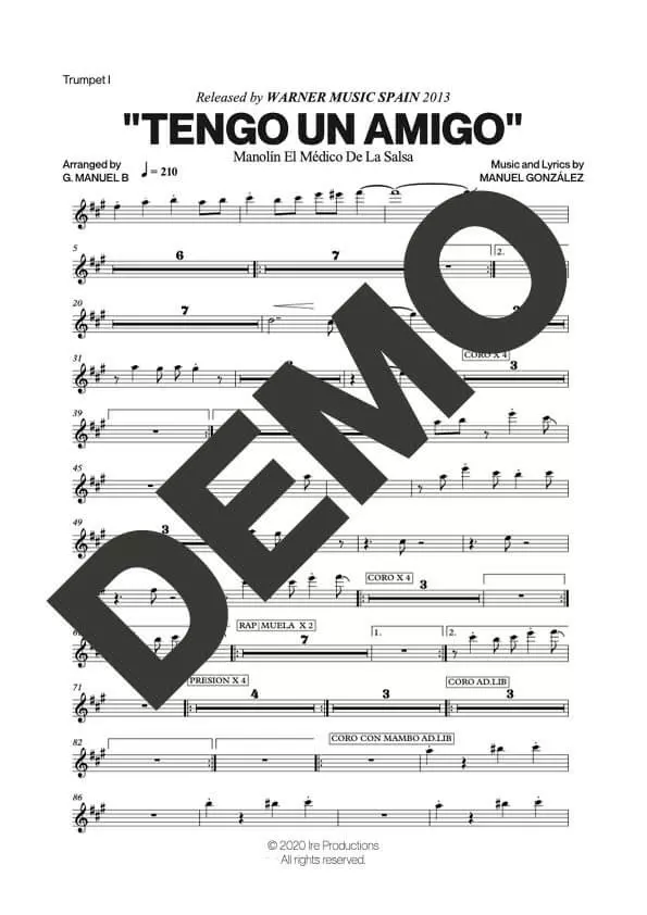 Manolín El Médico de la Salsa – Tengo un Amigo – Sheet Music Demo Page 1 (PDF) – Includes charts for Trumpets, Trombones, Saxophone, Piano and Bass