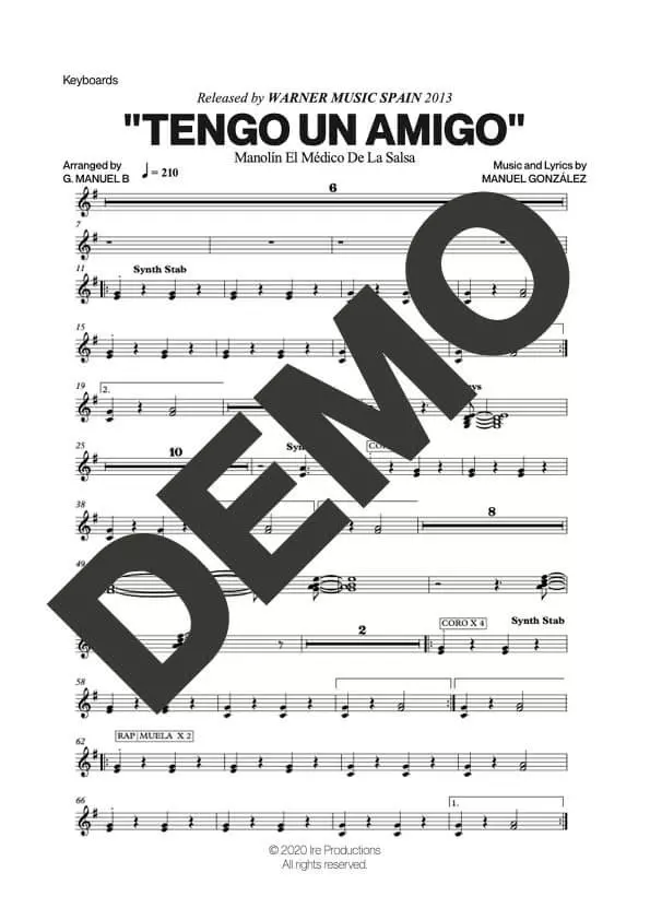 Manolín El Médico de la Salsa – Tengo un Amigo – Sheet Music Demo Page 5 (PDF) – Includes charts for Trumpets, Trombones, Saxophone, Piano and Bass