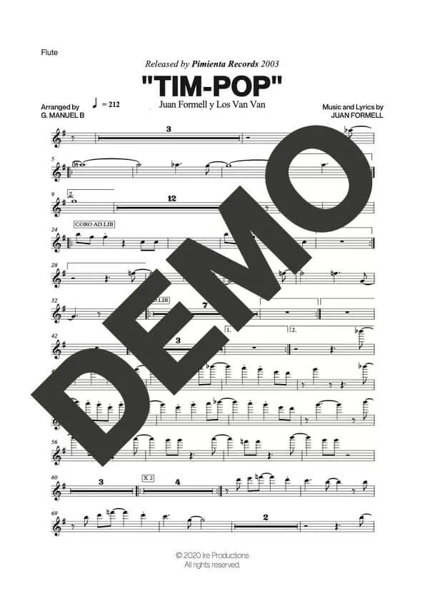 Los Van Van|Mayito Rivera – Tim-Pop (Con Birdland) – First Page of Sheet Music Preview (PDF) – Includes charts for Trumpets, Trombones, Saxophone, Piano and Bass