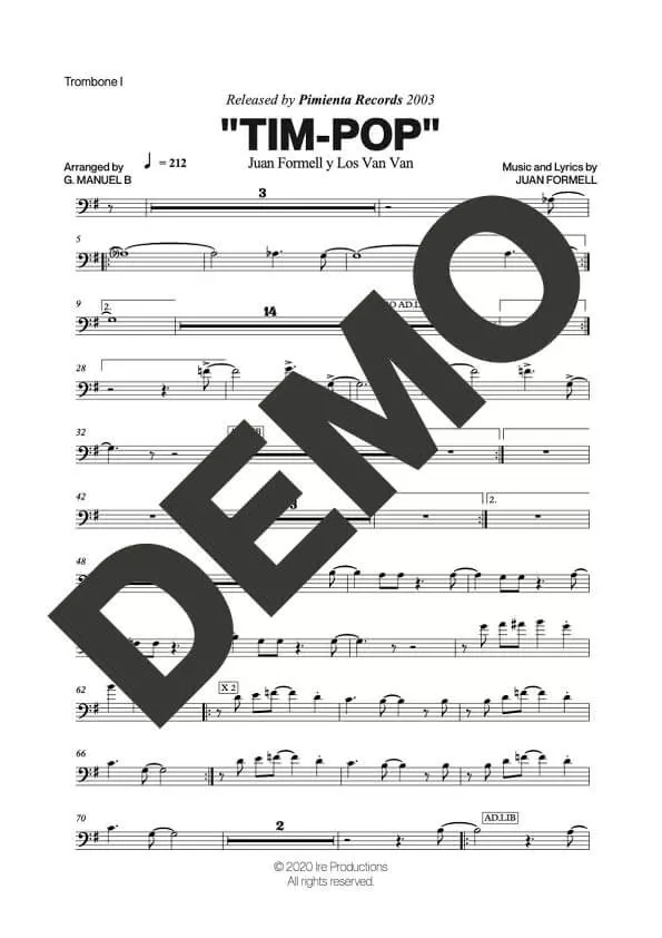 Los Van Van|Mayito Rivera – Tim-Pop (Con Birdland) – Sheet Music Demo Page 1 (PDF) – Includes charts for Trumpets, Trombones, Saxophone, Piano and Bass