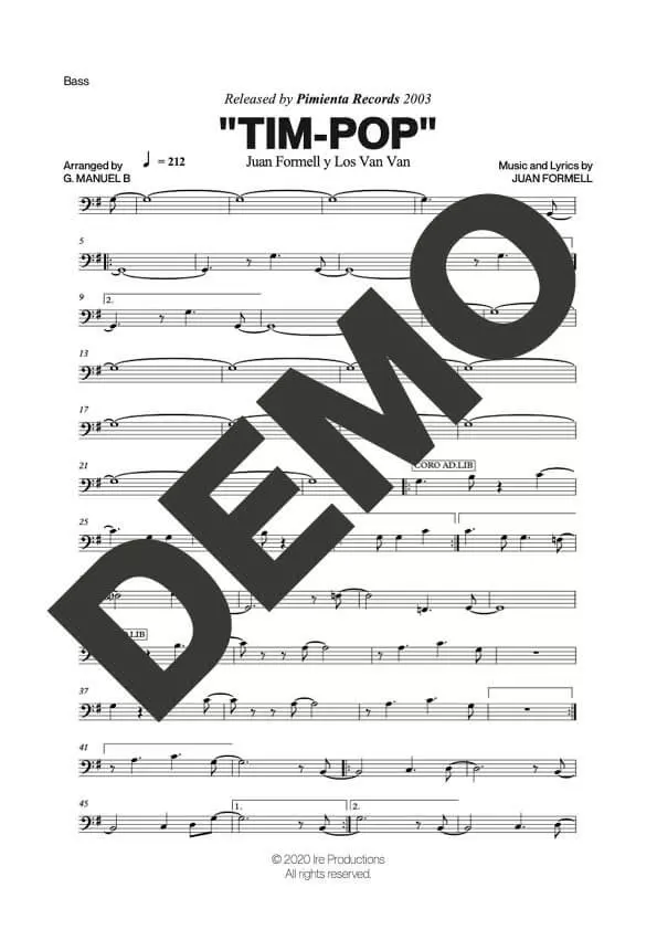 Los Van Van|Mayito Rivera – Tim-Pop (Con Birdland) – Sheet Music Demo Page 5 (PDF) – Includes charts for Trumpets, Trombones, Saxophone, Piano and Bass