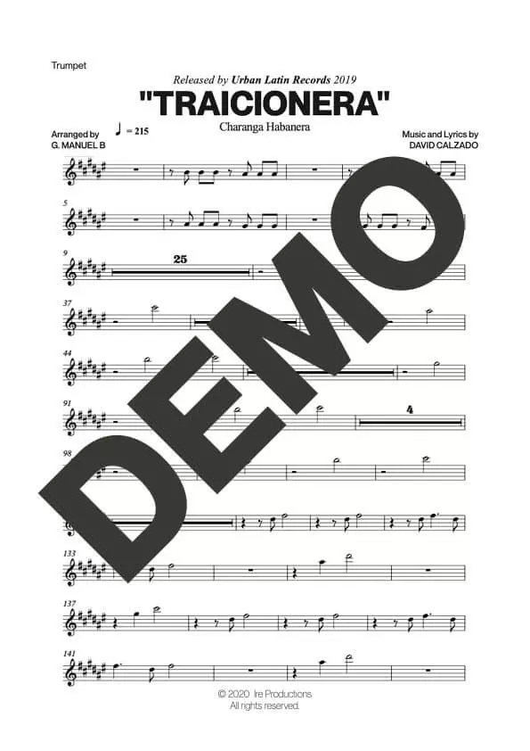 Charanga Habanera – Traicionera – Sheet Music Demo Page 1 (PDF) – Includes charts for Trumpets, Trombones, Saxophone, Piano and Bass