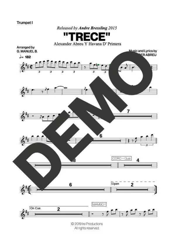 Havana D' Primera – Trece – First Page of Sheet Music Preview (PDF) – Includes charts for Trumpets, Trombones, Saxophone, Piano and Bass