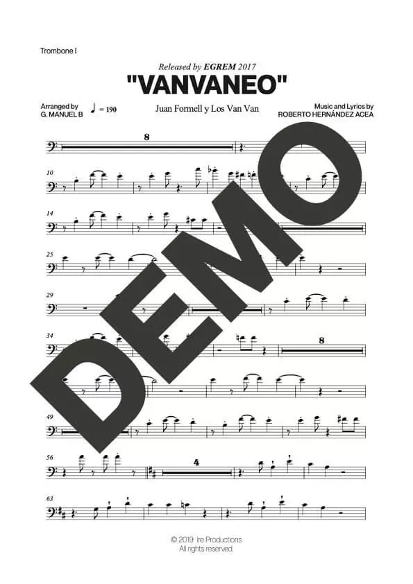 Los Van Van – Vanvaneo – Sheet Music Demo Page 1 (PDF) – Includes charts for Trumpets, Trombones, Saxophone, Piano and Bass