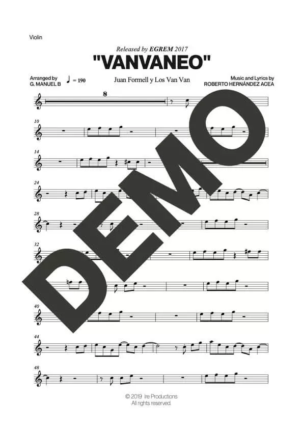 Los Van Van – Vanvaneo – Sheet Music Demo Page 2 (PDF) – Includes charts for Trumpets, Trombones, Saxophone, Piano and Bass
