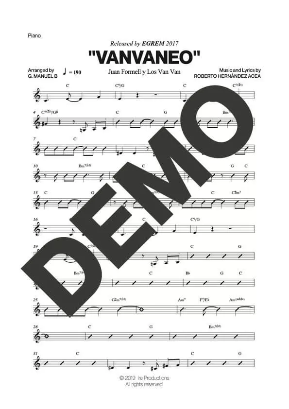 Los Van Van – Vanvaneo – Sheet Music Demo Page 3 (PDF) – Includes charts for Trumpets, Trombones, Saxophone, Piano and Bass