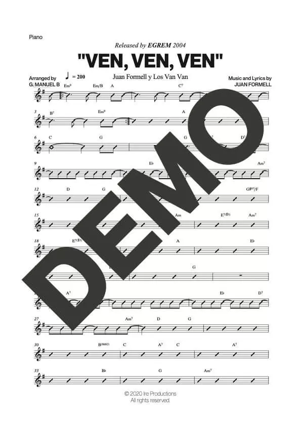 Los Van Van – Ven, Ven, Ven – Sheet Music Demo Page 3 (PDF) – Includes charts for Trumpets, Trombones, Saxophone, Piano and Bass
