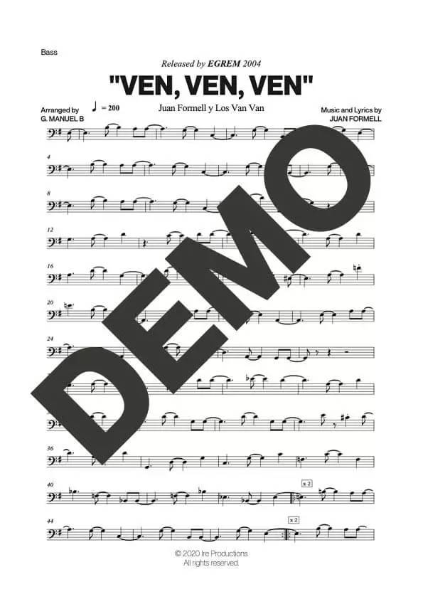 Los Van Van – Ven, Ven, Ven – Sheet Music Demo Page 4 (PDF) – Includes charts for Trumpets, Trombones, Saxophone, Piano and Bass