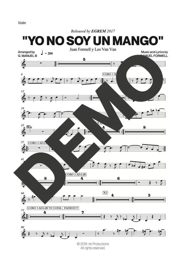 Los Van Van – Yo No Soy un Mango – Sheet Music Demo Page 2 (PDF) – Includes charts for Trumpets, Trombones, Saxophone, Piano and Bass