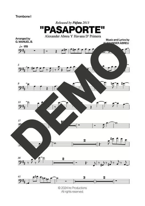 Havana D' Primera – Pasaporte – Sheet Music Demo Page 1 (PDF) – Includes charts for Trumpets, Trombones, Saxophone, Piano and Bass