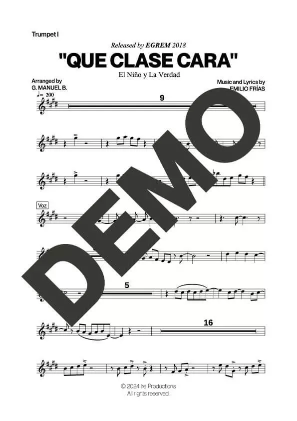 El Niño y La Verdad – Que Clase Cara – First Page of Sheet Music Preview (PDF) – Includes charts for Trumpets, Trombones, Saxophone, Piano and Bass
