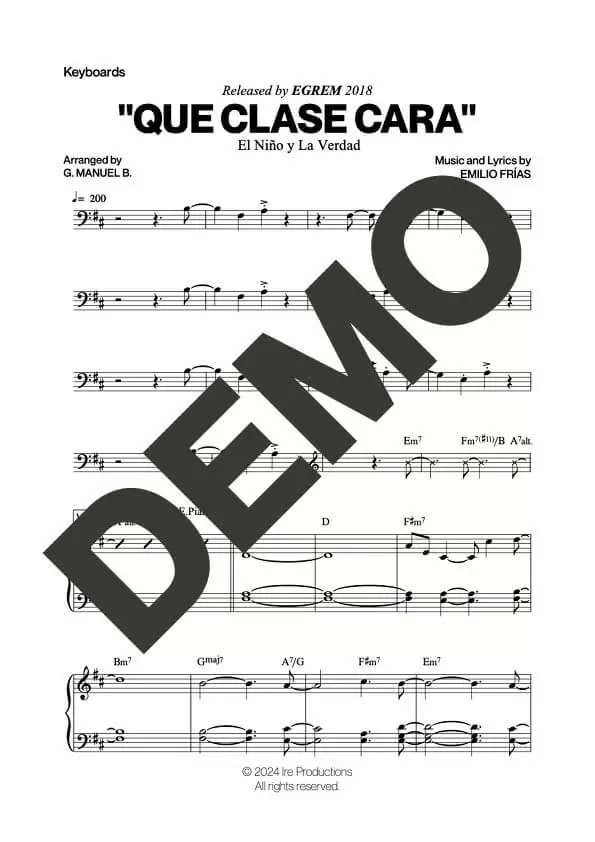 El Niño y La Verdad – Que Clase Cara – Sheet Music Demo Page 4 (PDF) – Includes charts for Trumpets, Trombones, Saxophone, Piano and Bass