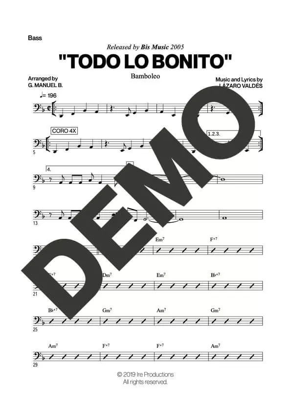 Bamboleo – Todo lo Bonito – Sheet Music Demo Page 5 (PDF) – Includes charts for Trumpets, Trombones, Saxophone, Piano and Bass
