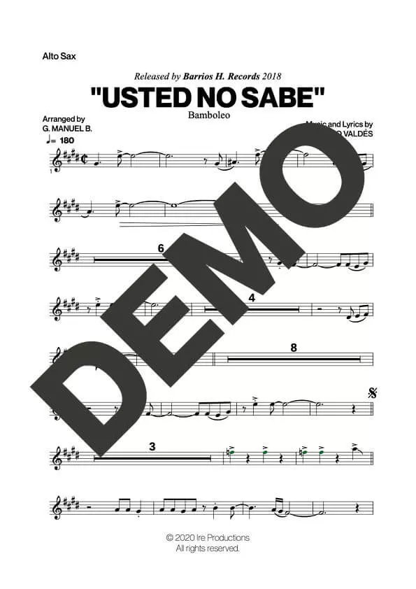 Bamboleo – Usted No Sabe – First Page of Sheet Music Preview (PDF) – Includes charts for Trumpets, Trombones, Saxophone, Piano and Bass