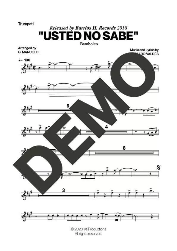 Bamboleo – Usted No Sabe – Sheet Music Demo Page 1 (PDF) – Includes charts for Trumpets, Trombones, Saxophone, Piano and Bass
