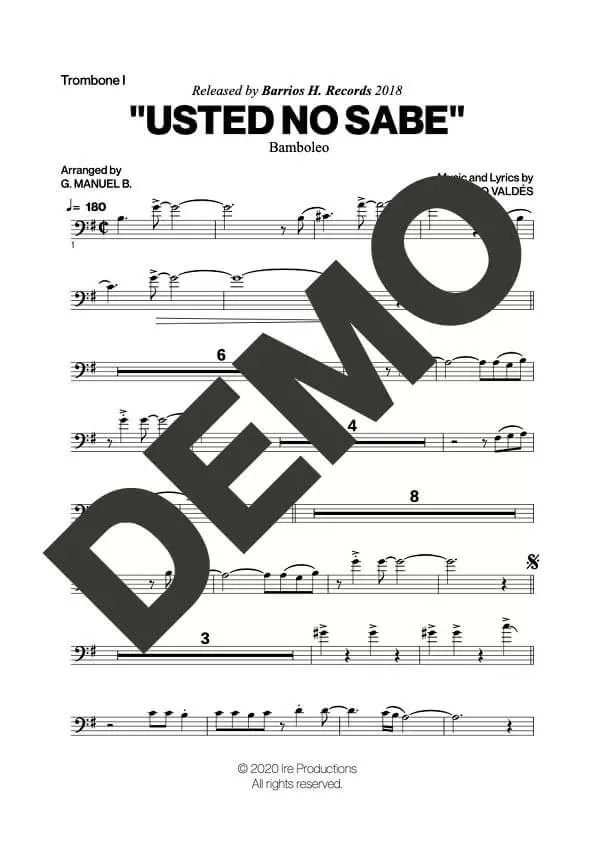 Bamboleo – Usted No Sabe – Sheet Music Demo Page 2 (PDF) – Includes charts for Trumpets, Trombones, Saxophone, Piano and Bass