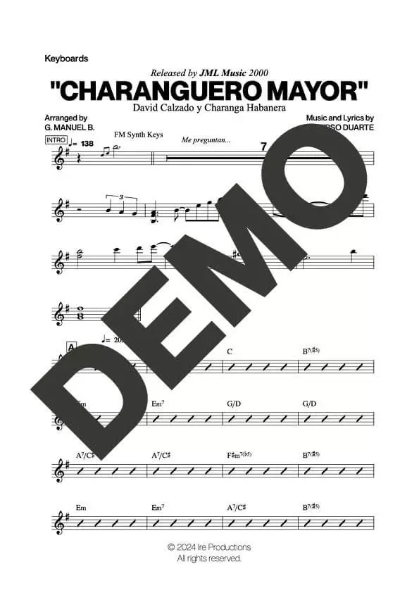 Charanga Habanera|Tirso Duarte – Charanguero Mayor – Sheet Music Demo Page 3 (PDF) – Includes charts for Trumpets, Trombones, Saxophone, Piano and Bass