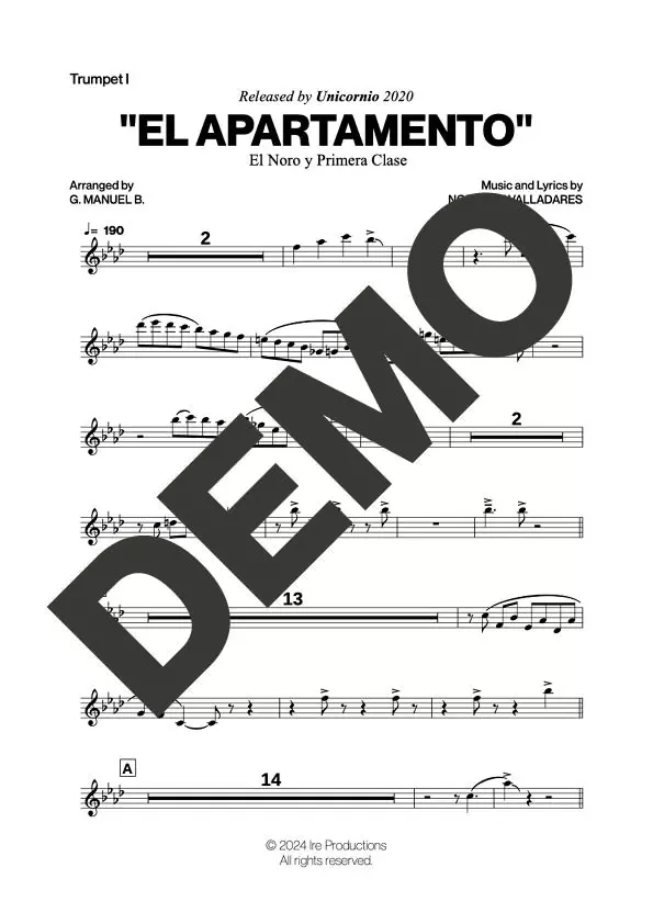 El Noro y Primera Clase – El Apartamento – First Page of Sheet Music Preview (PDF) – Includes charts for Trumpets, Trombones, Saxophone, Piano and Bass