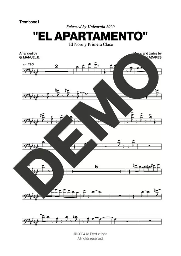 El Noro y Primera Clase – El Apartamento – Sheet Music Demo Page 1 (PDF) – Includes charts for Trumpets, Trombones, Saxophone, Piano and Bass