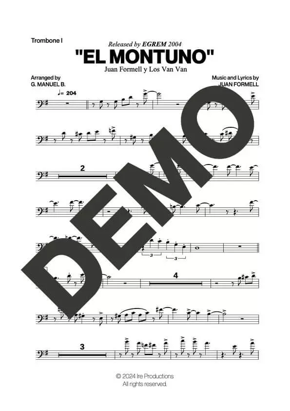 Los Van Van – El Montuno – Sheet Music Demo Page 1 (PDF) – Includes charts for Trumpets, Trombones, Saxophone, Piano and Bass