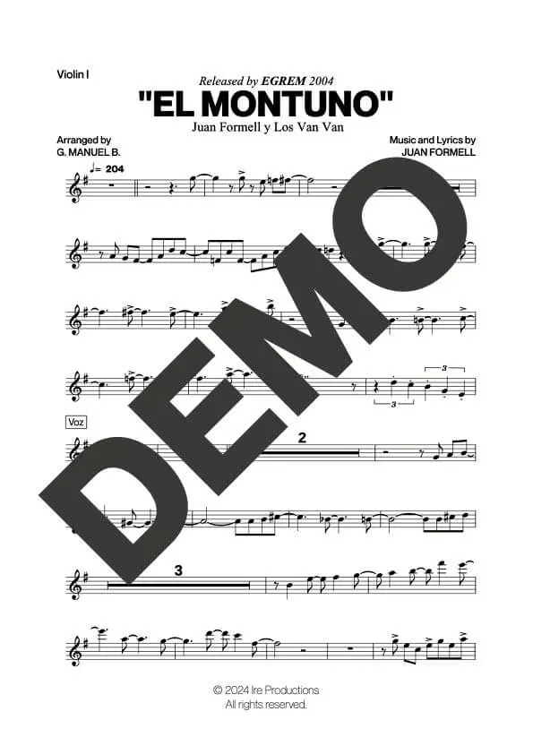 Los Van Van – El Montuno – Sheet Music Demo Page 2 (PDF) – Includes charts for Trumpets, Trombones, Saxophone, Piano and Bass