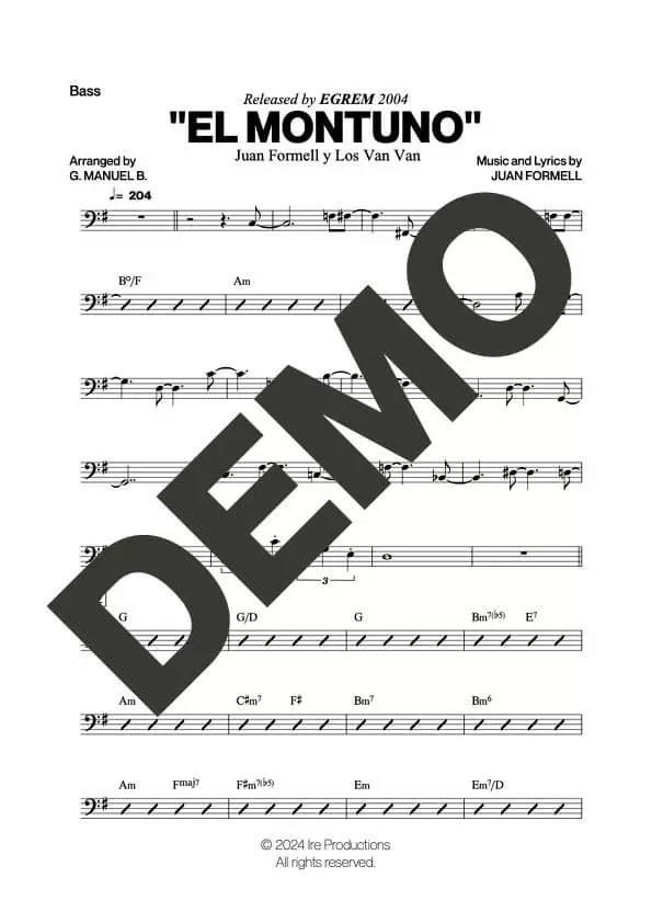 Los Van Van – El Montuno – Sheet Music Demo Page 4 (PDF) – Includes charts for Trumpets, Trombones, Saxophone, Piano and Bass