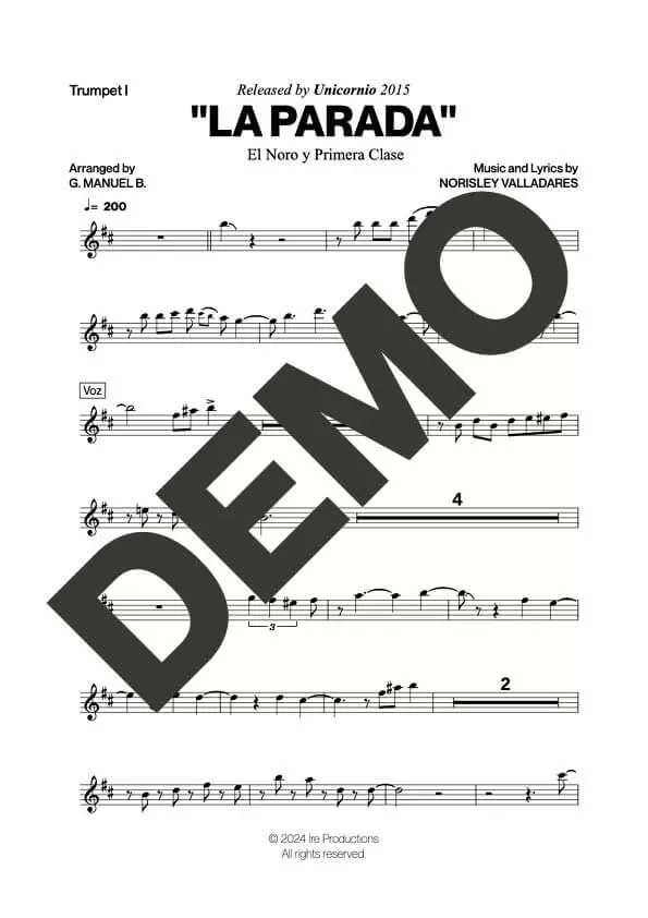 El Noro y Primera Clase – La Parada – First Page of Sheet Music Preview (PDF) – Includes charts for Trumpets, Trombones, Saxophone, Piano and Bass