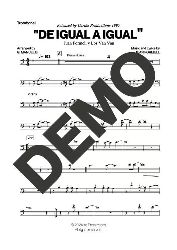 Los Van Van|Mayito Rivera – De Igual a Igual – First Page of Sheet Music Preview (PDF) – Includes charts for Trumpets, Trombones, Saxophone, Piano and Bass