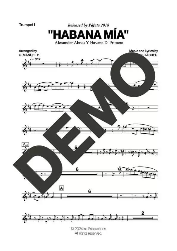 Havana D' Primera – Habana Mía – First Page of Sheet Music Preview (PDF) – Includes charts for Trumpets, Trombones, Saxophone, Piano and Bass