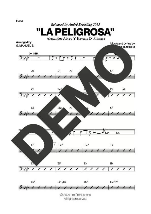 Havana D' Primera – La Peligrosa – Sheet Music Demo Page 5 (PDF) – Includes charts for Trumpets, Trombones, Saxophone, Piano and Bass