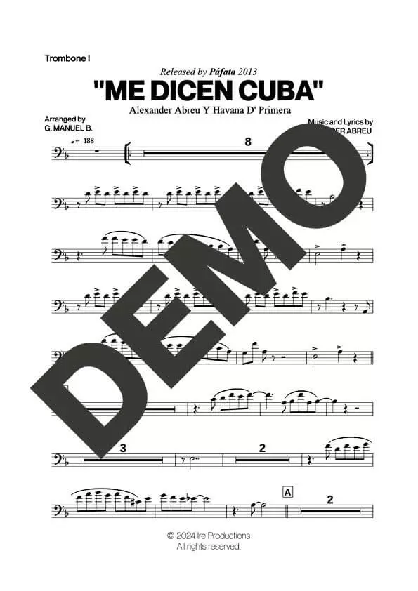 Havana D' Primera – Me Dicen Cuba – Sheet Music Demo Page 1 (PDF) – Includes charts for Trumpets, Trombones, Saxophone, Piano and Bass