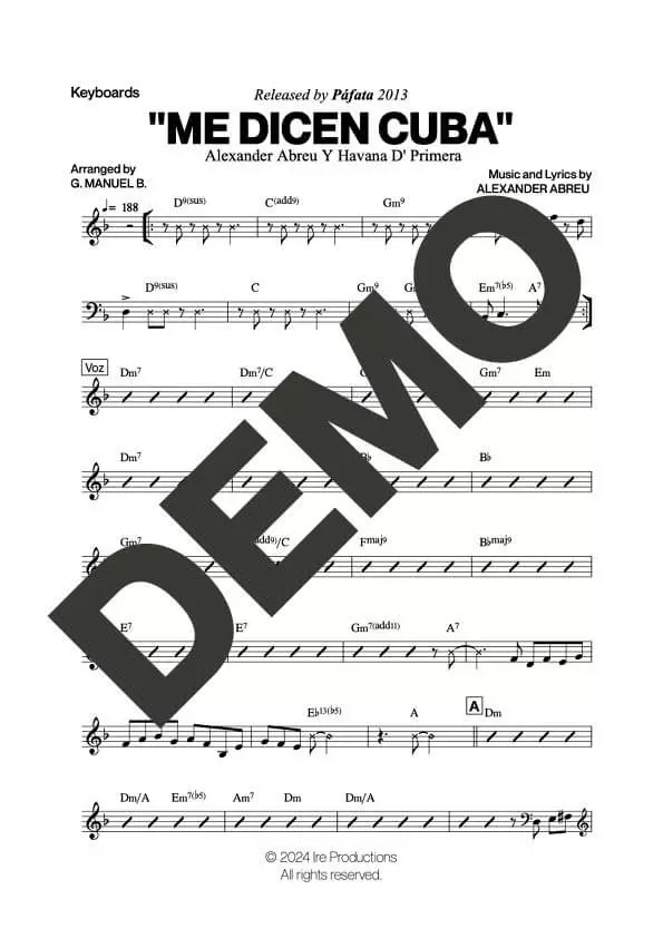 Havana D' Primera – Me Dicen Cuba – Sheet Music Demo Page 3 (PDF) – Includes charts for Trumpets, Trombones, Saxophone, Piano and Bass