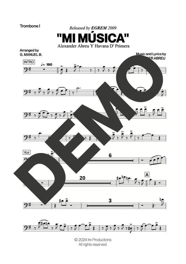 Havana D' Primera – Mi Música – Sheet Music Demo Page 1 (PDF) – Includes charts for Trumpets, Trombones, Saxophone, Piano and Bass