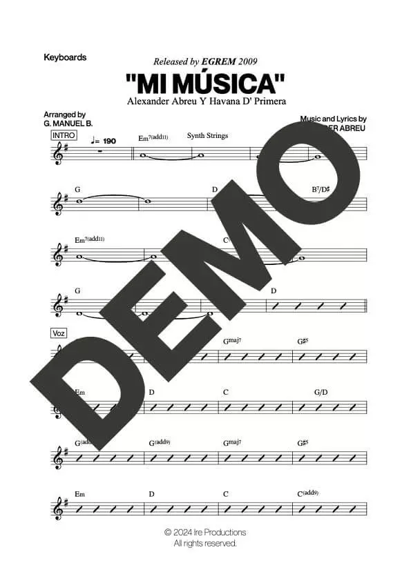 Havana D' Primera – Mi Música – Sheet Music Demo Page 3 (PDF) – Includes charts for Trumpets, Trombones, Saxophone, Piano and Bass