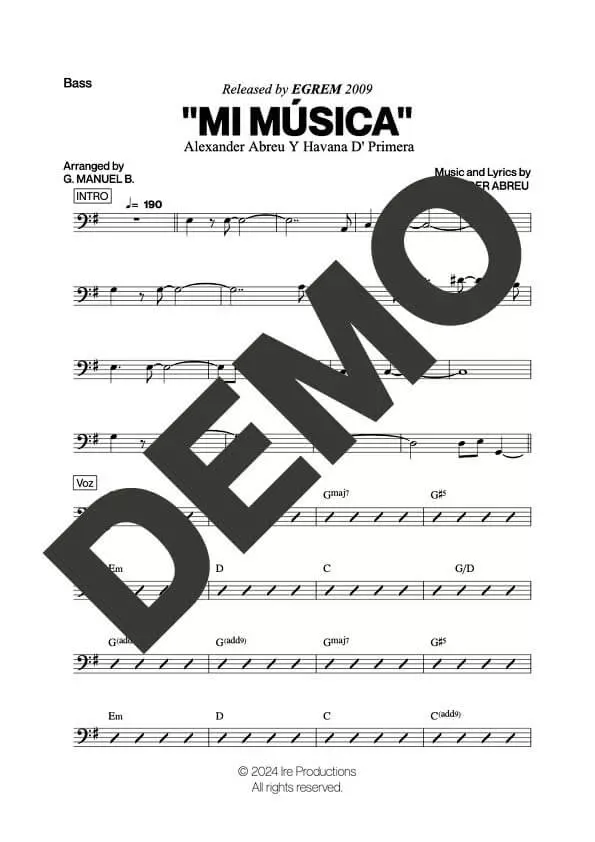 Havana D' Primera – Mi Música – Sheet Music Demo Page 4 (PDF) – Includes charts for Trumpets, Trombones, Saxophone, Piano and Bass